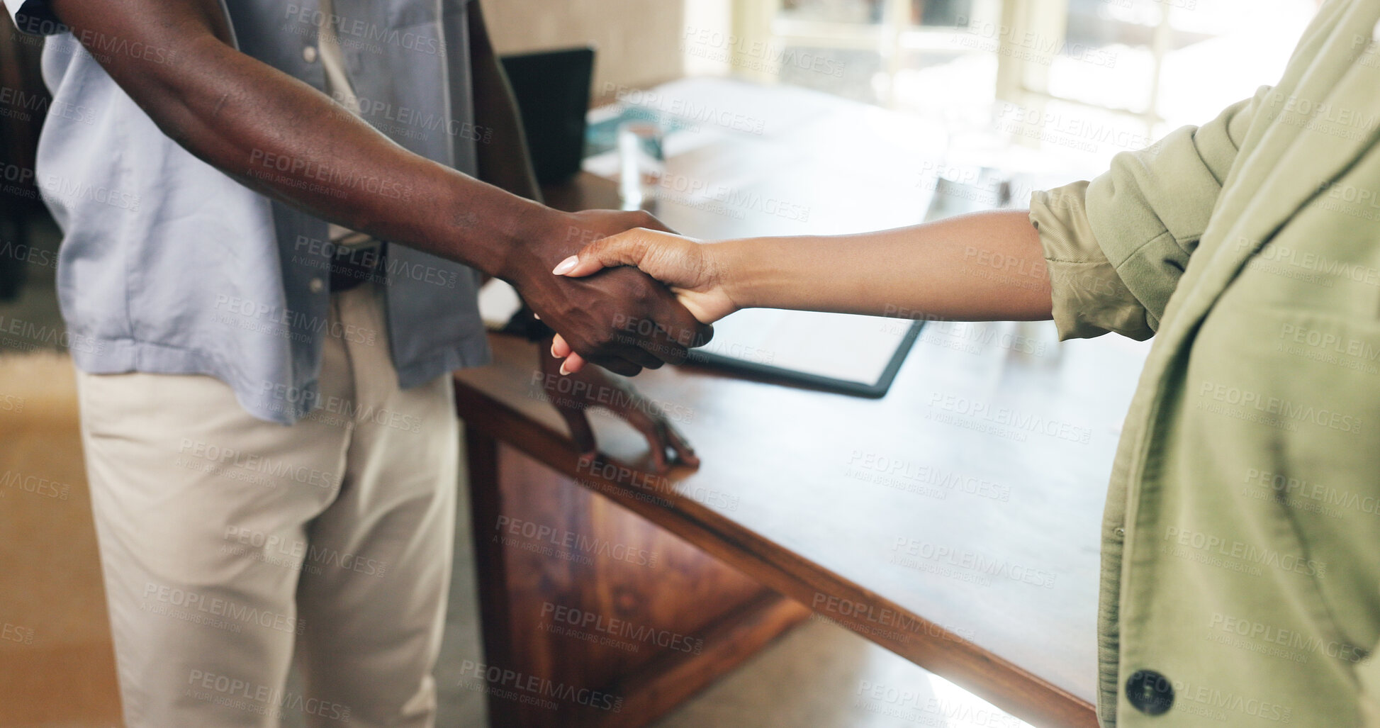 Buy stock photo Business, people and handshake in office for deal, b2b partnership and marketing agreement. Shaking hands, thank you and collaboration in workplace for advertising offer, cooperation and teamwork