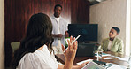 Team, presentation and people with tablet in boardroom, discussion and brainstorming for ad campaign. Media buyer, talk and group with ideas for project, collaboration and digital marketing with tech