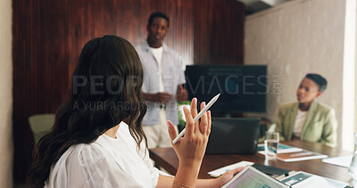 Buy stock photo Team, presentation and people with tablet in boardroom, discussion and brainstorming for ad campaign. Media buyer, talk and group with ideas for project, collaboration and digital marketing with tech