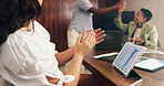 Hands, presentation and applause at office meeting with celebration, tablet or graphs at investment company. People, success and group with smile, goals or app with screen for high five at agency
