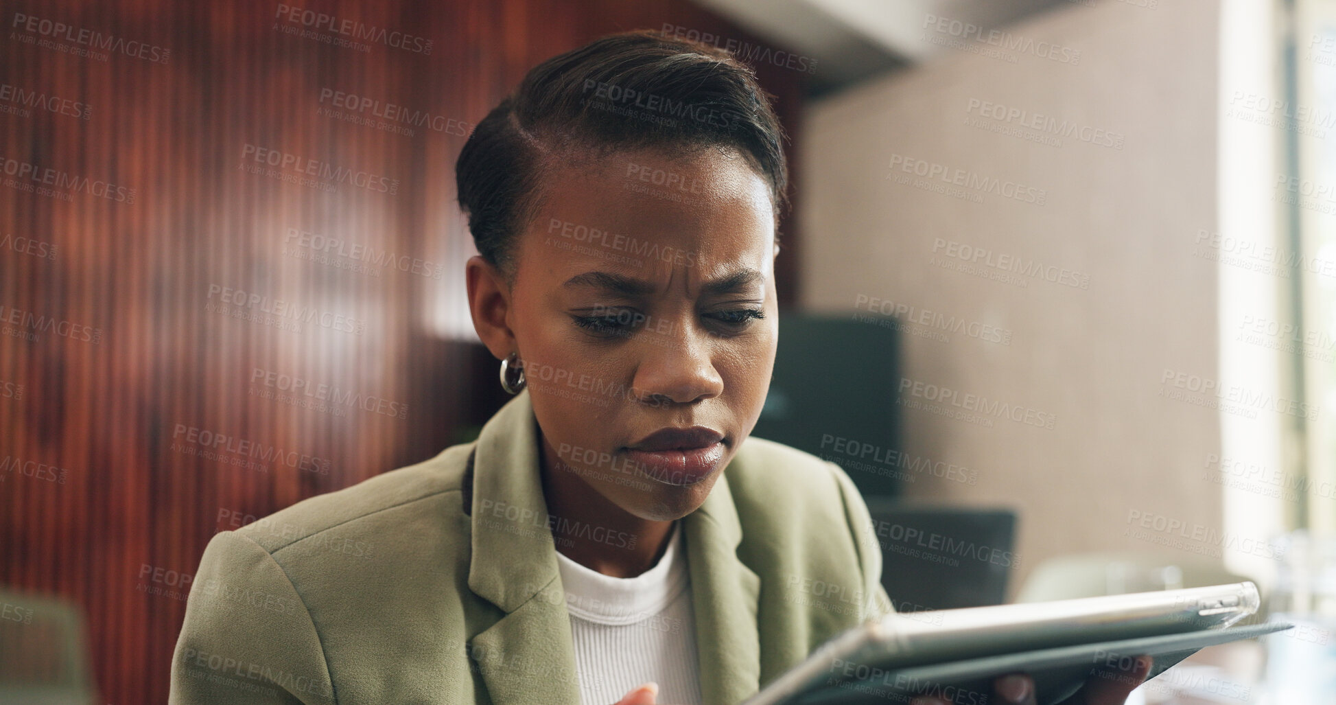 Buy stock photo Woman, reading and confused in office with tablet, sustainability audit, report and ESG compliance. Business, black person and doubt with tech for eco friendly policy, regulation and problem solving.