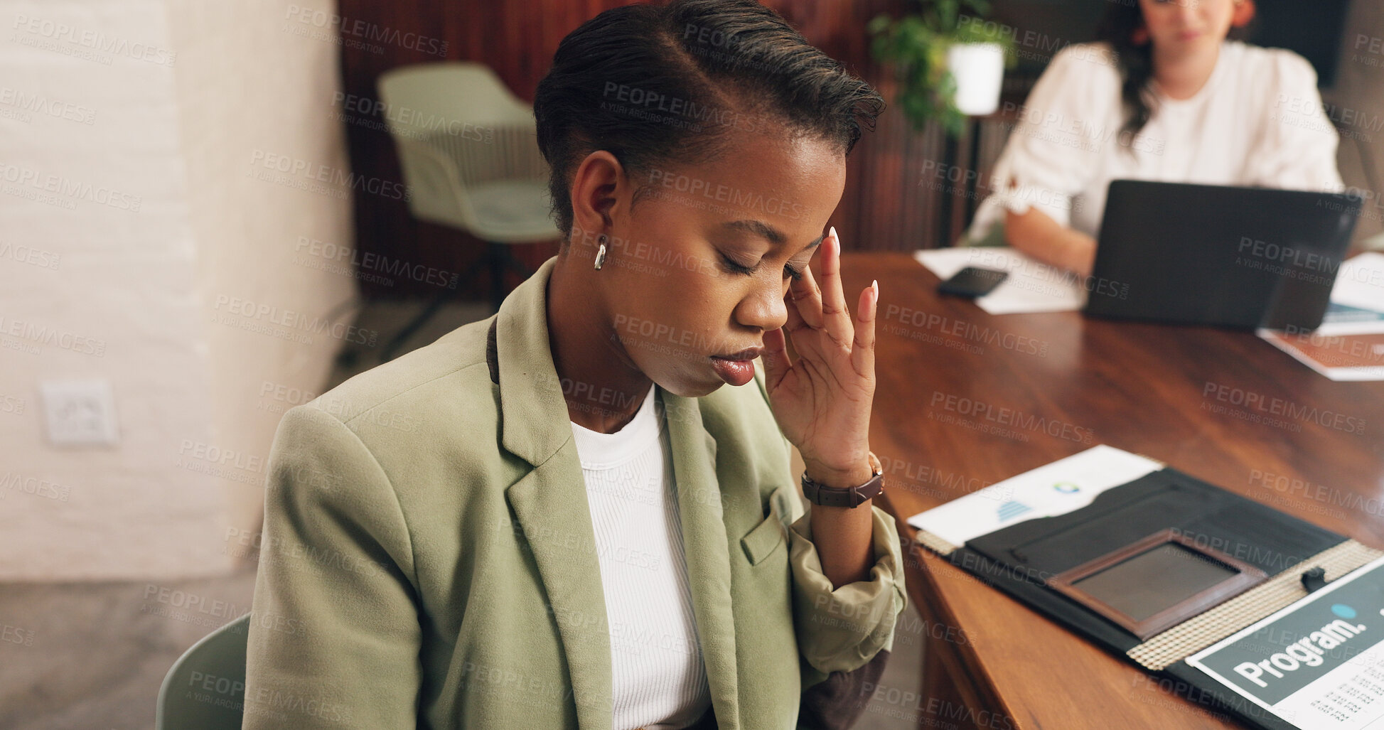 Buy stock photo Headache, tired and businesswoman in office for meeting with burnout, fatigue or deadline pressure. Overwhelmed, stress and female real estate agent with migraine for property contract mistake.