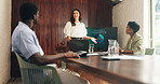 Woman, presentation and mental health at office meeting with screen, discussion and graphs at hr company. Person, speaker and monitor with smile, feedback and review with charts for employee wellness