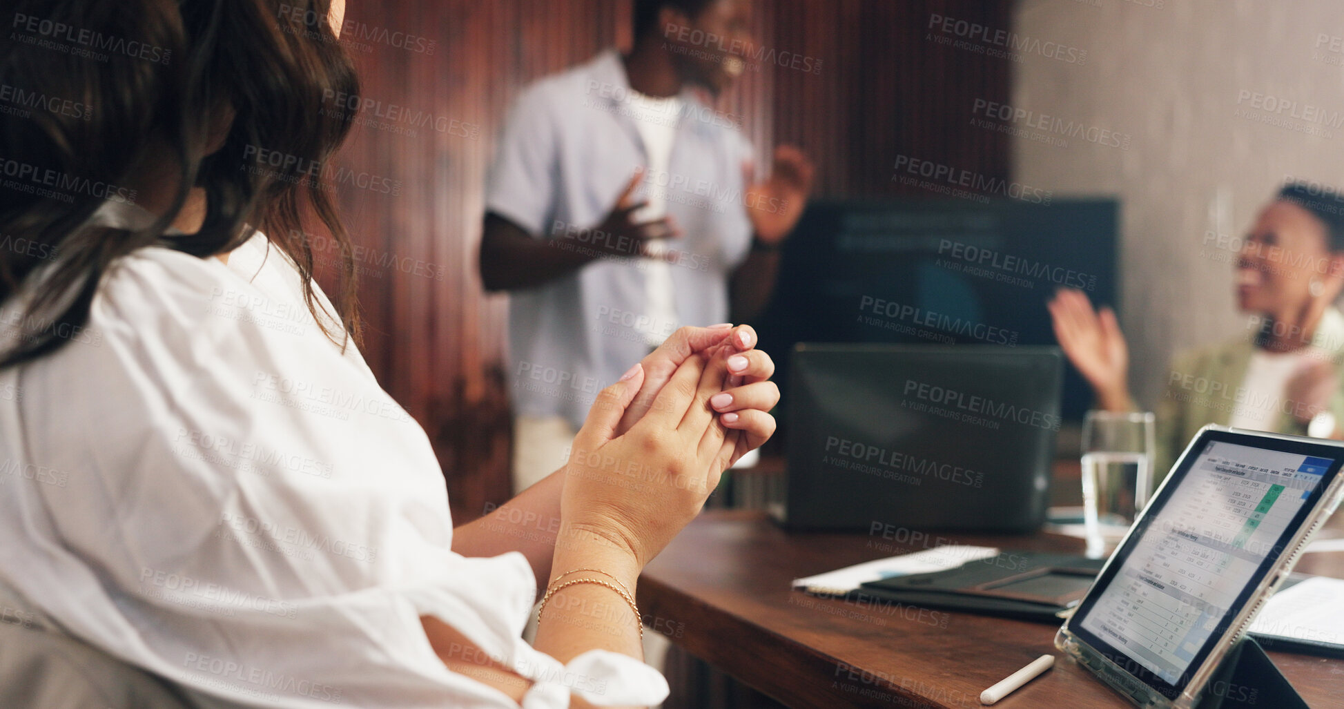 Buy stock photo Hands, presentation and applause at office meeting with success, tablet and graphs at investment company. People, celebration and group with smile, goals and app with screen for employee wellness