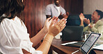 Woman, hands and applause in meeting with tablet, collaboration and achievement for financial audit. People, clap and tech in office with business celebration, profit growth and success for company.