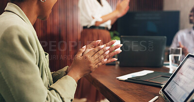 Buy stock photo Woman, hands and clap in meeting with tablet, collaboration and achievement for financial audit. People, applause and tech in office with business celebration, profit growth and success for company.
