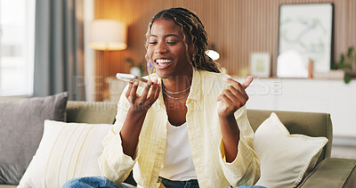 Buy stock photo Phone, voice note and happy black woman on sofa for talking, communication and online chat. Home, weekend and person on smartphone for networking, connection and contact for recording message