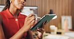 Tablet, hands and stylus with business black woman in office for seo report, planning or research. Online branding review, digital marketing and startup with employee in creative agency for project