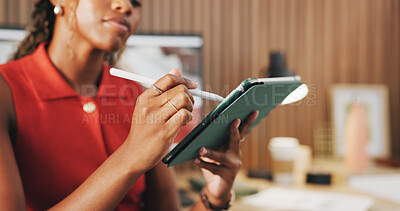 Buy stock photo Tablet, hands and stylus with business woman in office for seo report, planning or research. Online branding review, digital marketing and startup with employee in creative agency for project
