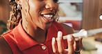 Woman, mouth and speaker phone in house for online communication, mobile app and social media chat. Person, recording and voice note in home with tech, contact or connectivity or gossip conversation.