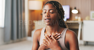 Buy stock photo Breathing, yoga and black woman with peace in home, mindfulness practice and holistic health for wellness. Awareness, chakra alignment or yogi with meditation for calm, self care or spiritual balance