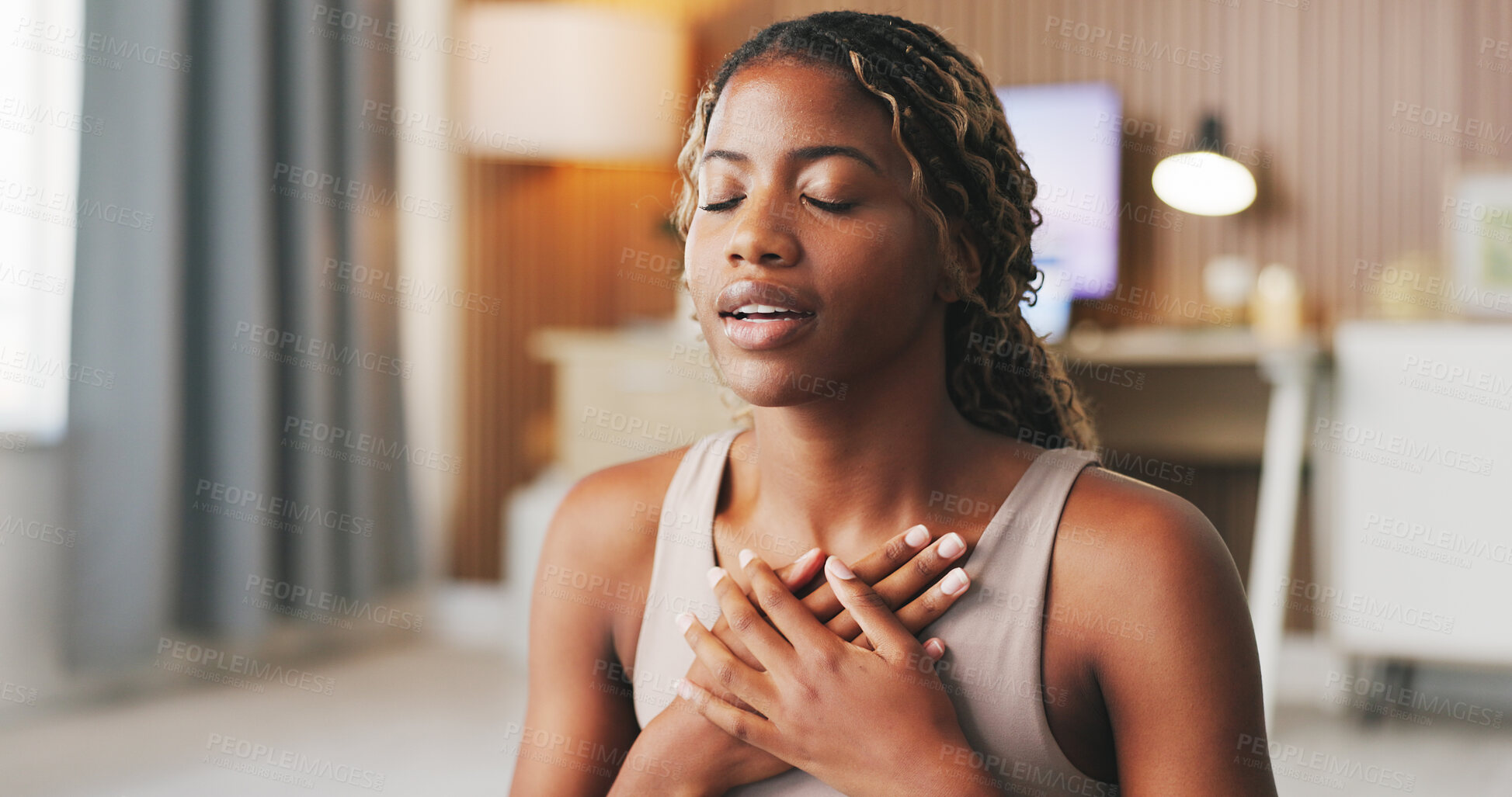 Buy stock photo Breathing, yoga and black woman with peace in home, mindfulness practice and holistic health for wellness. Awareness, chakra alignment or yogi with meditation for calm, self care or spiritual balance