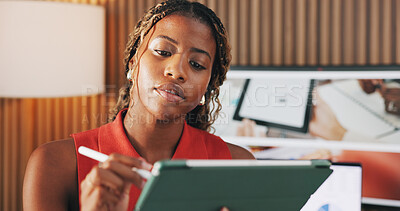 Buy stock photo Tablet, reading and stylus with business black woman in office for seo report, planning or research. Online branding review, digital marketing and startup with employee in creative agency for project