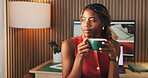 Black woman, thinking and coffee in home for remote work, break and article proofreading. Freelancer, warm beverage and tech for reflection, story feedback and news update for publication project