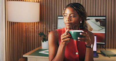 Buy stock photo Black woman, thinking and coffee in home for remote work, break and article proofreading. Freelancer, warm beverage and tech for reflection, story feedback and news update for publication project