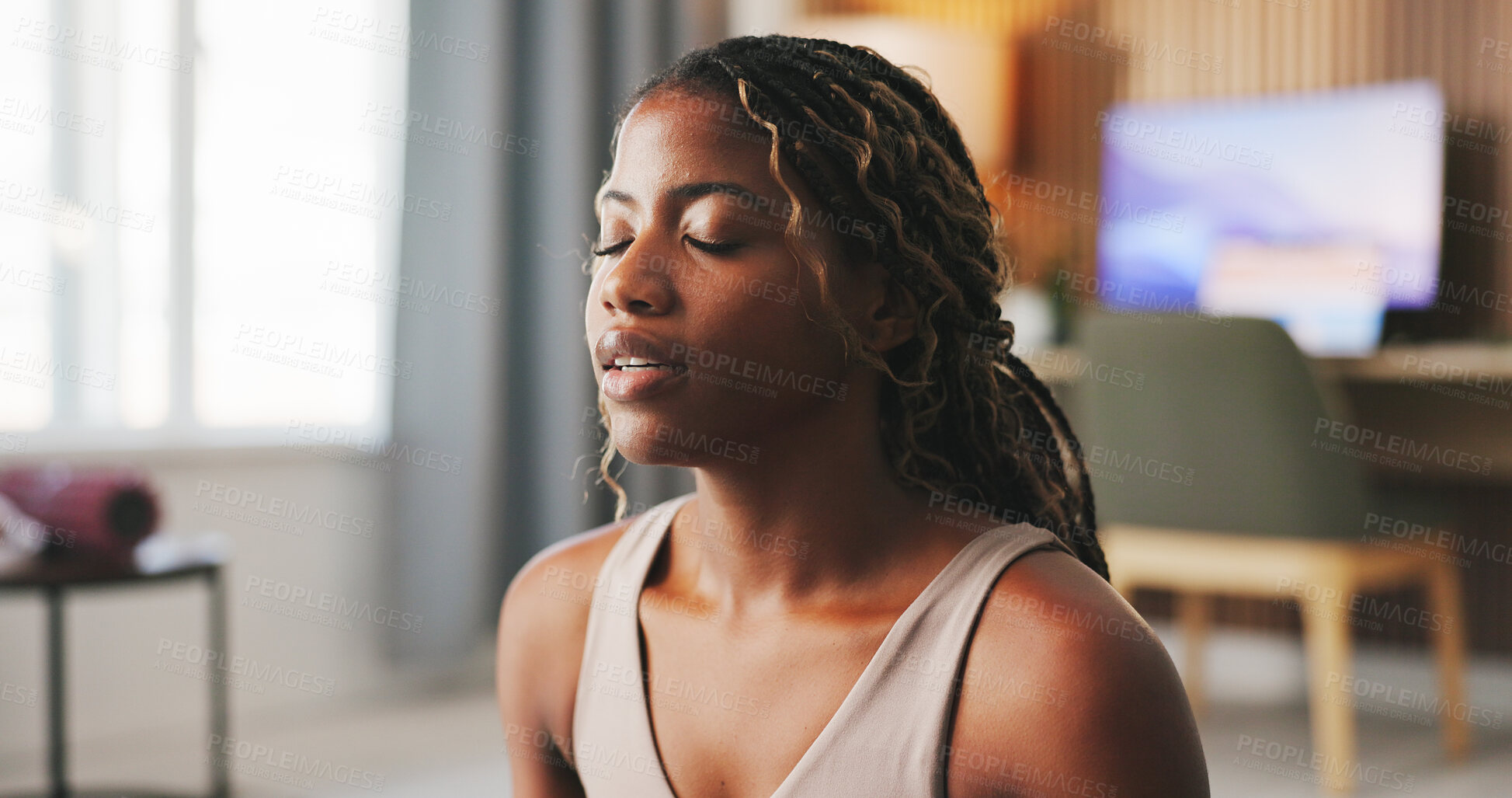 Buy stock photo Meditation, calm and black woman with yoga in home, awareness practice and holistic health for wellness. Peace, chakra alignment and yogi with mindfulness to relax, self care and spiritual balance