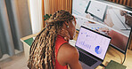 Stress, laptop screen and neck pain with business black woman in office for seo fail, planning or research. Online branding crisis, marketing data and anxiety with employee in creative agency