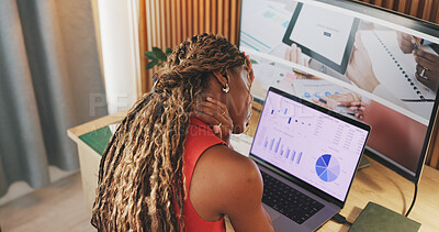 Buy stock photo Stress, laptop screen and neck pain with business black woman in office for seo fail, planning or research. Online branding crisis, marketing data and anxiety with employee in creative agency