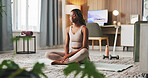 Mindfulness, relax and black woman with yoga in home, awareness practice and holistic health for wellness. Peace, chakra alignment and yogi with meditation for calm, self care and spiritual balance