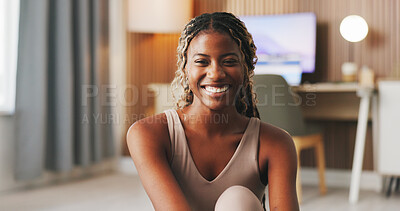 Buy stock photo Face, black woman and smile for yoga in home for fitness, wellness exercise and morning routine. Portrait, female person and relax with pilates, stress relief and holistic self care practice in house