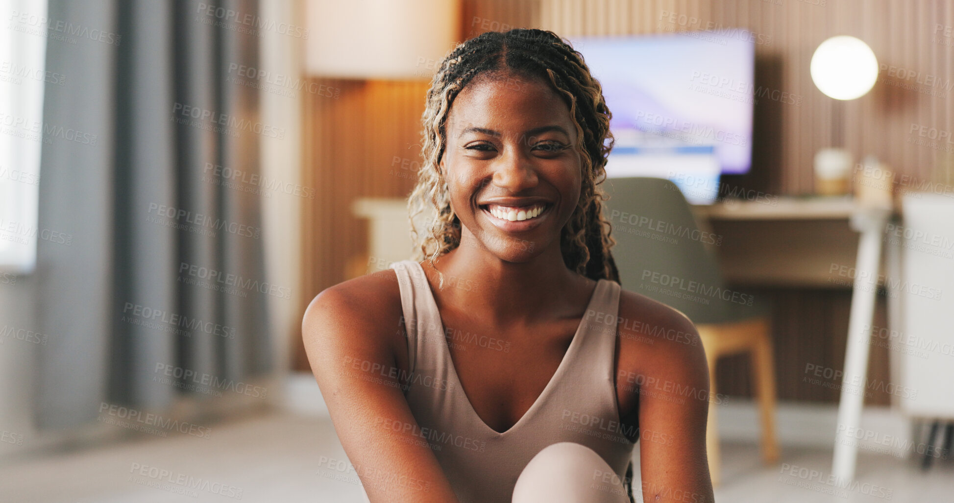 Buy stock photo Face, black woman and smile for yoga in home for fitness, wellness exercise and morning routine. Portrait, female person and relax with pilates, stress relief and holistic self care practice in house