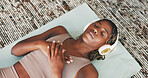 Headphones, woman and breathe on floor for yoga, wellness or self affirmation audio for mental health. Girl, music or subscription in home for positive podcast, streaming sound or relax in lounge