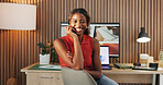 Black woman, remote work and portrait with smile for confidence, research and positive feedback. Freelancer, graphic designer and tech in home office for communication, design process or information