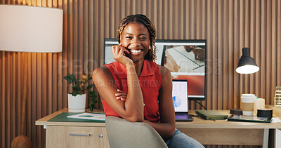 Buy stock photo Black woman, remote work and portrait with smile for confidence, research and positive feedback. Freelancer, graphic designer and tech in home office for communication, design process or information