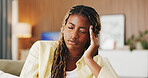 Stress, pain and woman with headache on sofa with discomfort, temple pressure and mental fatigue. Tired, black girl and migraine in home with burnout, brain fog and overwhelmed by uncomfortable ache