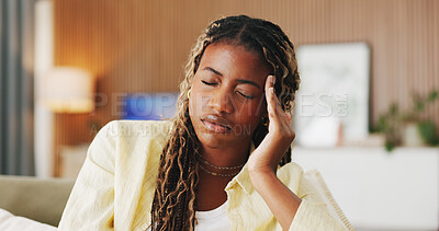 Buy stock photo Stress, pain and woman with headache on sofa with discomfort, temple pressure and mental fatigue. Tired, black girl and migraine in home with burnout, brain fog and overwhelmed by uncomfortable ache