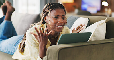 Buy stock photo Surprise, home and black woman on sofa, tablet for social media and reaction for post. Apartment, tech and African person on couch, connection for online announcement and shocked for website info