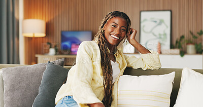 Buy stock photo Happy, relax and portrait of black woman on sofa with good mood, smile and positivity on break. Apartment, couch and person with confidence, pride and calm on weekend for me time, rest and peace