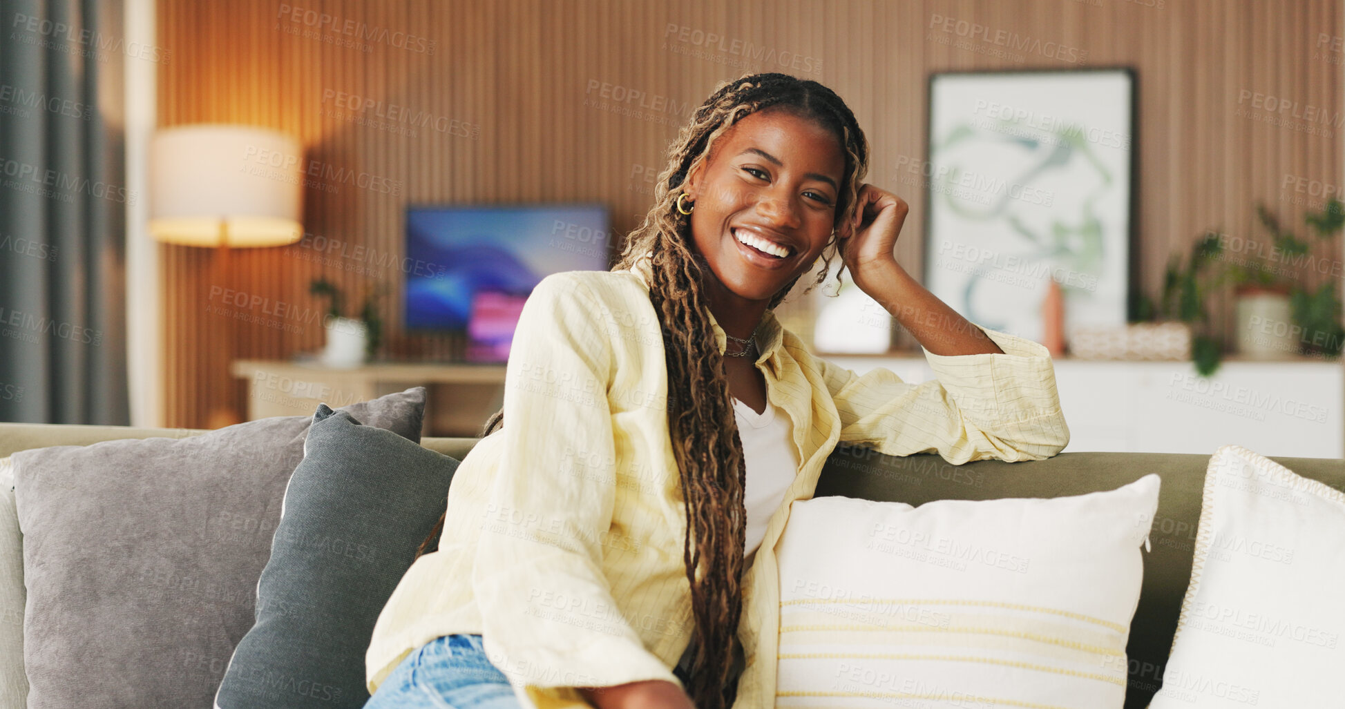 Buy stock photo Happy, relax and portrait of black woman on sofa with good mood, smile and positivity on break. Apartment, couch and person with confidence, pride and calm on weekend for me time, rest and peace