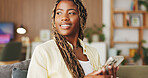 Relax, thinking and phone with black woman on sofa in home for communication, social media and smile. Contact, online chat and reflection with person and mobile in living room of apartment for app