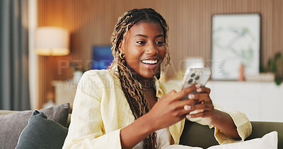 Buy stock photo Surprise, winner and phone with black woman on sofa in home for online casino prize, success and bonus. Connection, jackpot profit and app with person in living room of house for achievement