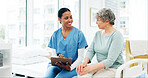 Hospital, woman and nurse with clipboard for health insurance, assessment or exam on bed. Paperwork, questions and senior person with caregiver in consultation for medical advice, test and support