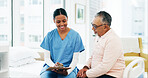 Hospital, man and nurse with clipboard for questions, assessment or exam on bed. Paperwork, health insurance and senior person with caregiver in consultation for medical advice, test and support