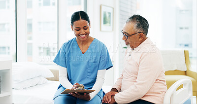 Buy stock photo Hospital, man and nurse with clipboard for questions, assessment or exam on bed. Paperwork, health insurance and senior person with caregiver in consultation for medical advice, test and support