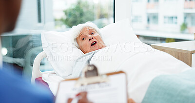 Buy stock photo Doctor, patient or old woman in hospital bed, clipboard for symptoms or conversation. Pensioner, medical service or elderly person in clinic, discussion for diagnosis or documents for healthcare info
