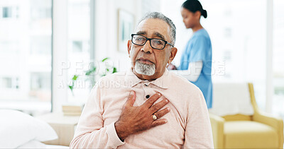 Buy stock photo Medical, checkup or old person in hospital with chest pain, sick or breathing issue in virus symptoms. Healthcare, nurse or senior patient with tuberculosis, asthma or illness in clinic consultation.