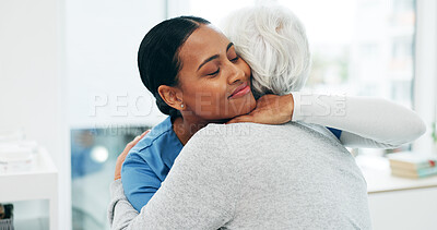 Buy stock photo Support, hug and nurse with senior woman in hospital for conversation, comfort or empathy at checkup. Smile, trust and medical caregiver with elderly patient embracing at healthcare consultation.