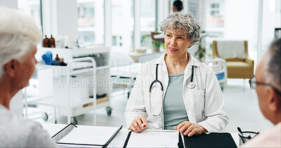 Buy stock photo Woman, doctor or senior couple for consultation, medical checkup or visit together in clinic. Female person, healthcare worker or discussion with elderly patient for health diagnosis in hospital