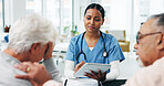 Woman, nurse or senior couple with tablet for consultation, medical checkup or visit together in clinic. Female person, healthcare worker or sad news with elderly patient for cancer or bad diagnosis