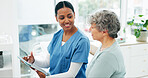 Hospital, senior woman and nurse with tablet for questions, assessment or exam on bed. Digital tech, health insurance and person with caregiver in consultation for medical advice, test and support