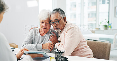 Buy stock photo Comfort, checkup and doctor with senior couple in hospital for medical diagnosis together. Support, concerned and healthcare worker with elderly people for bad news with cancer results in clinic.