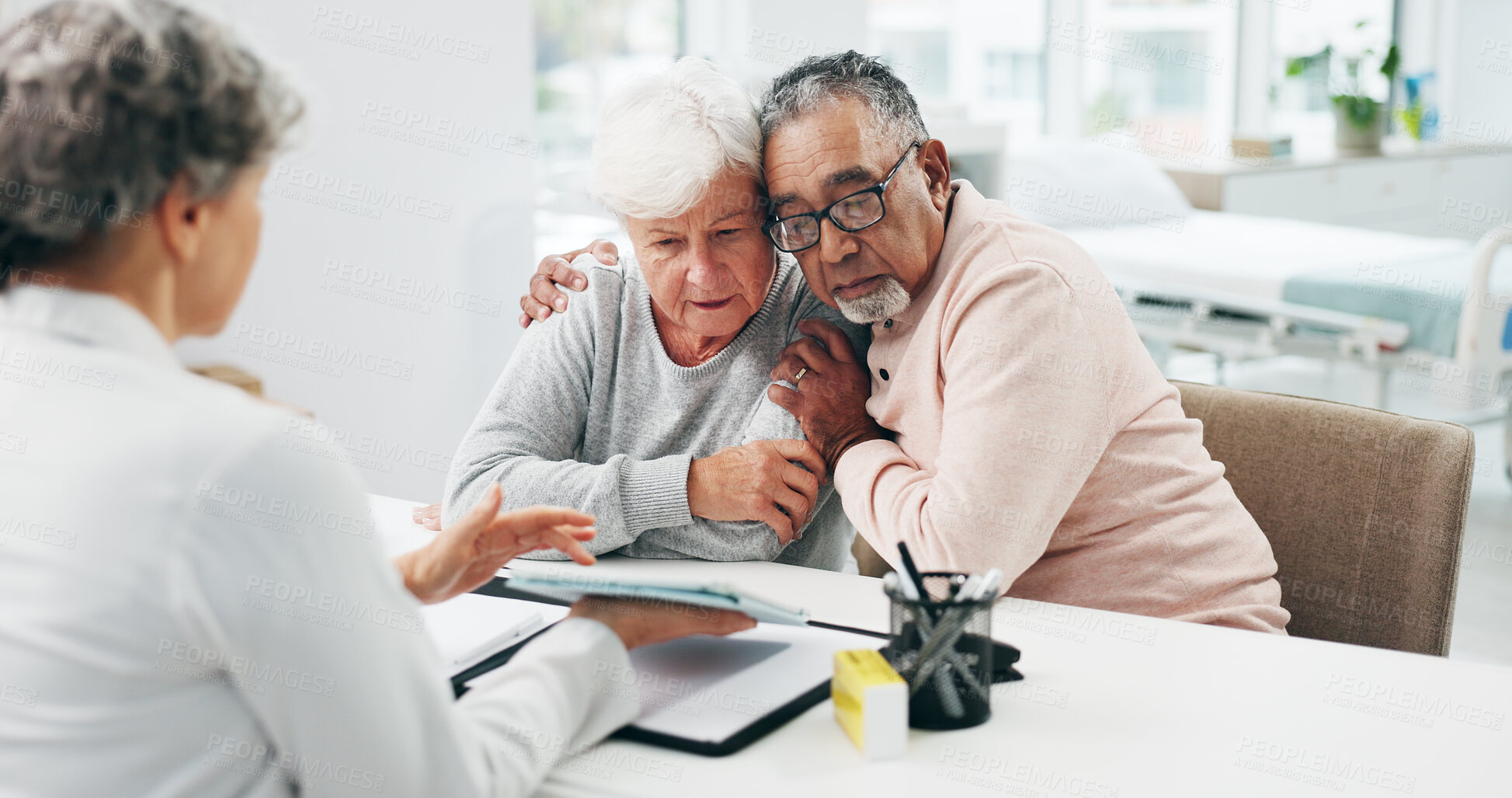 Buy stock photo Support, tablet and doctor with senior couple in hospital for medical diagnosis together at checkup. Technology, bad news and healthcare worker with elderly people for cancer results in clinic office