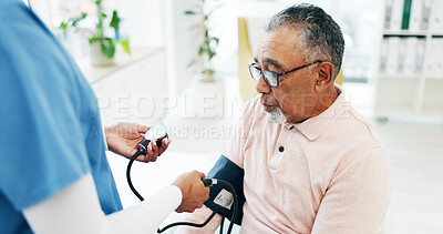 Buy stock photo Senior, man and nurse with blood pressure machine in hospital with arm pump for exam. Elderly, male person or caregiver monitoring health on screening for hypertension, medical checkup or assessment