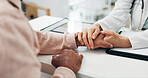 Hands, doctor and comfort with old person for consultation, medical diagnosis and empathy. Healthcare worker, elderly patient and consoling with bad news, understanding and reassurance for treatment