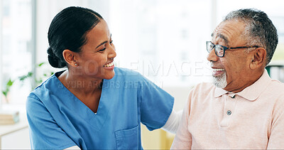 Buy stock photo Happy, comfort and nurse with senior man in hospital for conversation, service or support at checkup. Smile, trust and medical caregiver with elderly patient for healthcare consultation in clinic.