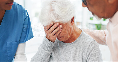 Buy stock photo Old woman, nurse and sad with man at clinic for support, diagnosis or bad news with consultation. Elderly patient, healthcare and medical professional with comfort, counseling and crying at hospital